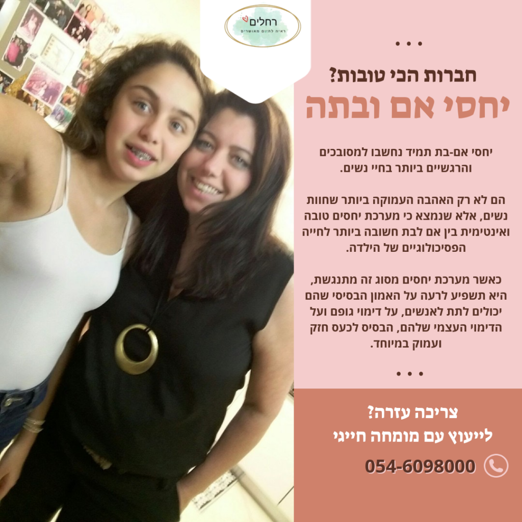 צריכה ייעוץ בנושא יחסי אם ובתה? אל תדאגי, אני כאן כדי לעזור לך! רחלים- ראיה לחיים מאושרים מציעה לך ייעוץ מקצועי ואישי שיעזור לך לשפר את יחסי האם והבת שלך. תתקשרי אלינו עוד היום ותוכלי ליהנות מחיים מאוזנים ומאושרים עם ילדתך.